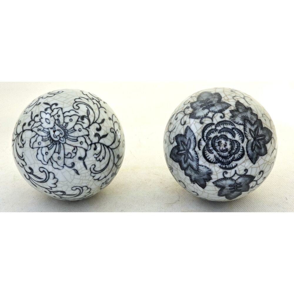 Decorative Ceramic Balls-Gray-Black-Floral Abstract-Home Decor-Set of 2